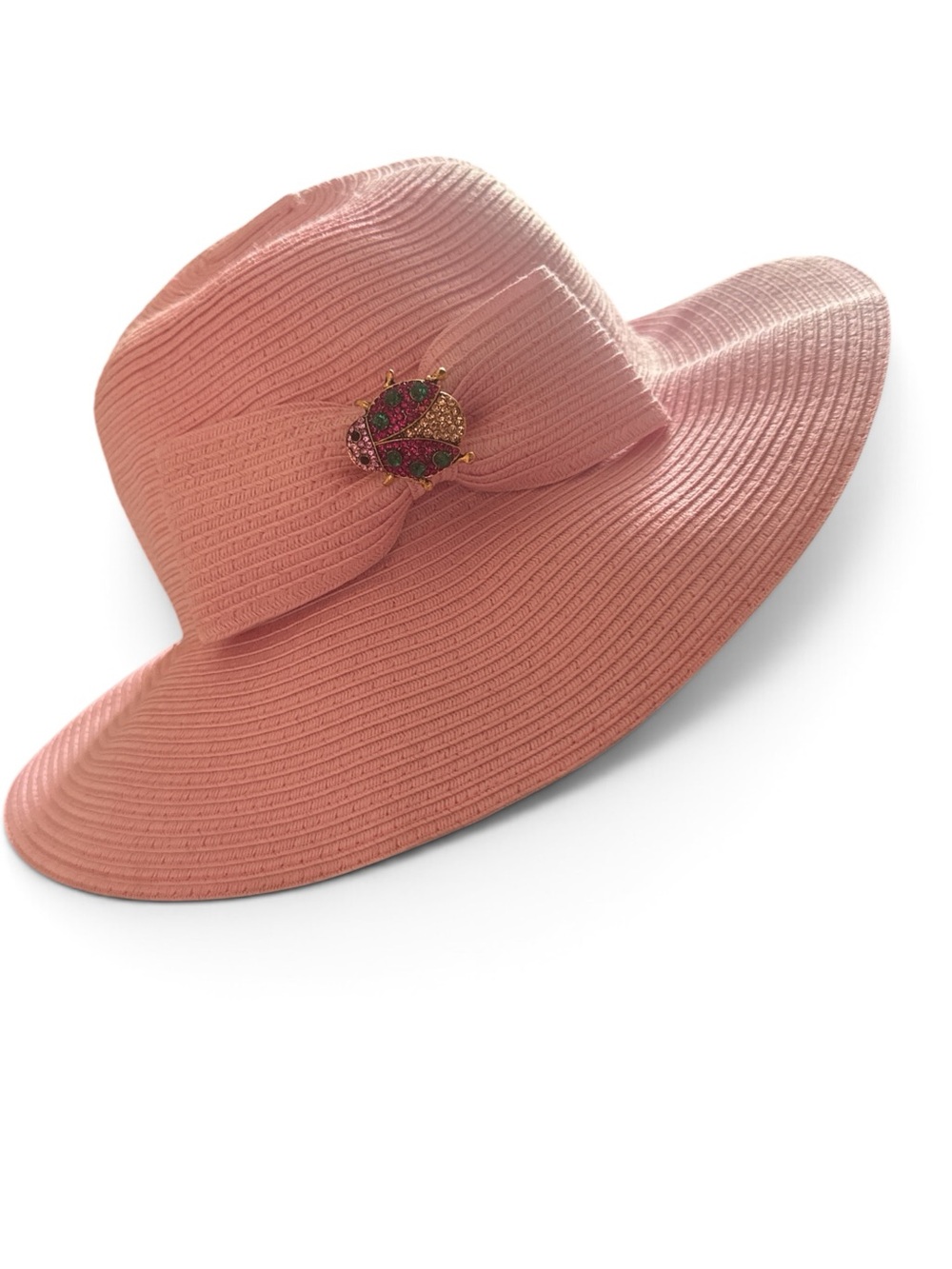 Angela & William Straw Sun Hat w Rhinestone Beetle Pin, waterproof,adjustable,